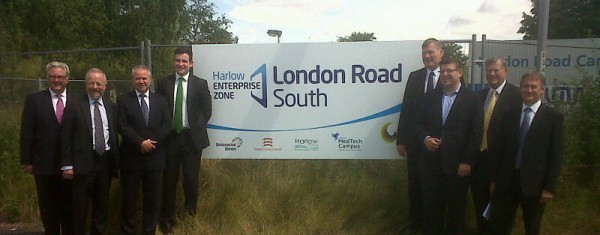 DCLG Minister Kris Hopkins (4th from right) inspects progress at Harlow Enterprise Zone